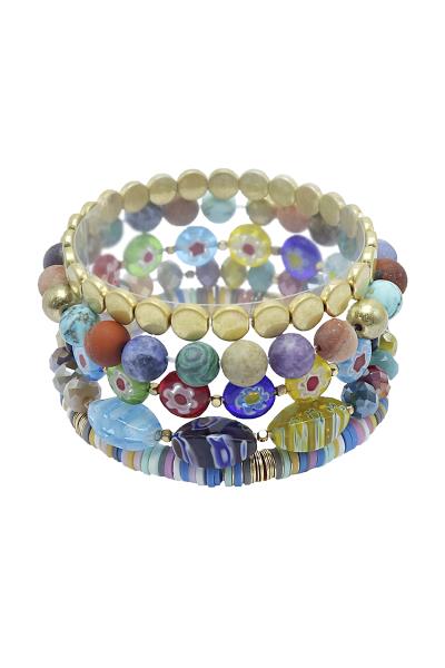 Stone Metal Rubber Disc Bead Stretch Bracelet Set