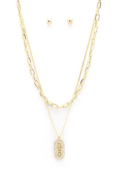 QUEEN RHINESTONE TAG LAYER OVAL LINK NECKLACE