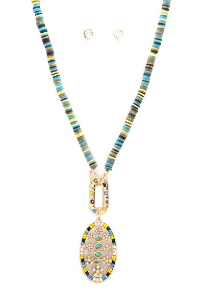OVAL PENDANT HEISHI BEAD NECKLACE