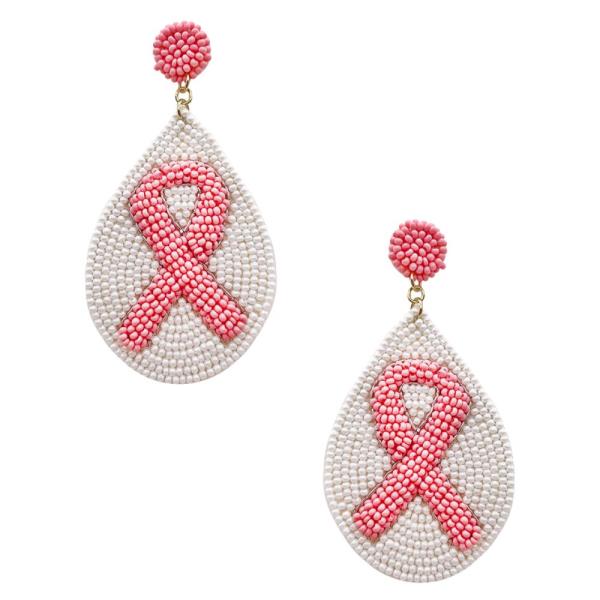 BREAST CANCER SEED BEAD BREAST CANCER PINK RIBBON TEARDROP DANGLE EARRING