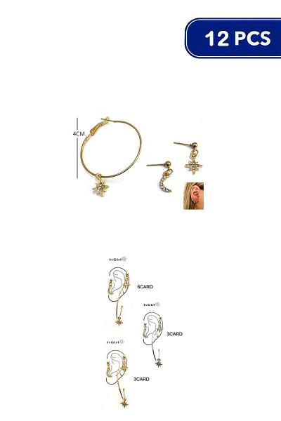 MINI RHINESTONE STAR MOON HOOP 3 PC EARRING SET (12 UNITS)