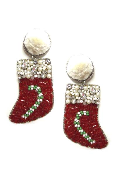 RHINESTONE SEED BEAD CHRISTMAS SOCKS DANGLE EARRING