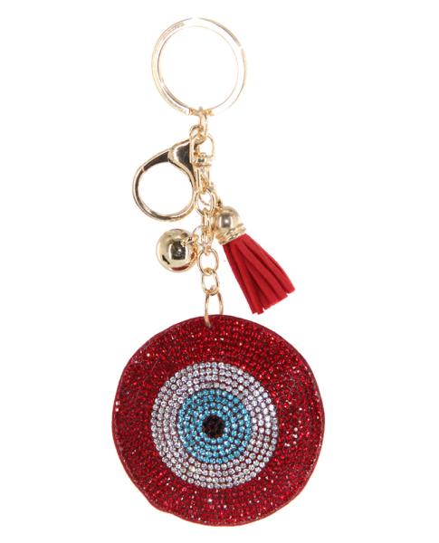 RHINESTONE EVIL EYE ROUND TASSEL KEY CHAIN