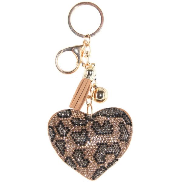 RHINESTONE LEOPARD HEART TASSEL KEY CHAIN