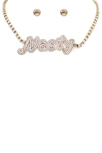 Rhinestone Nasty Letter Necklace Earring Set