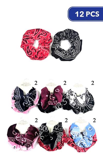 Velvet Paisley Pattern Hair Scrunchies (12 Units)