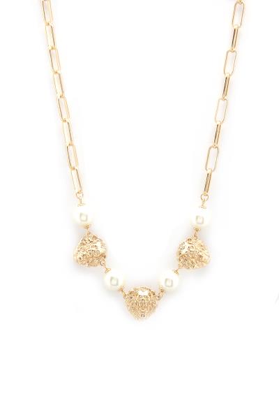 LION HEAD PEARL BEAD OVAL LINK NECKLACE