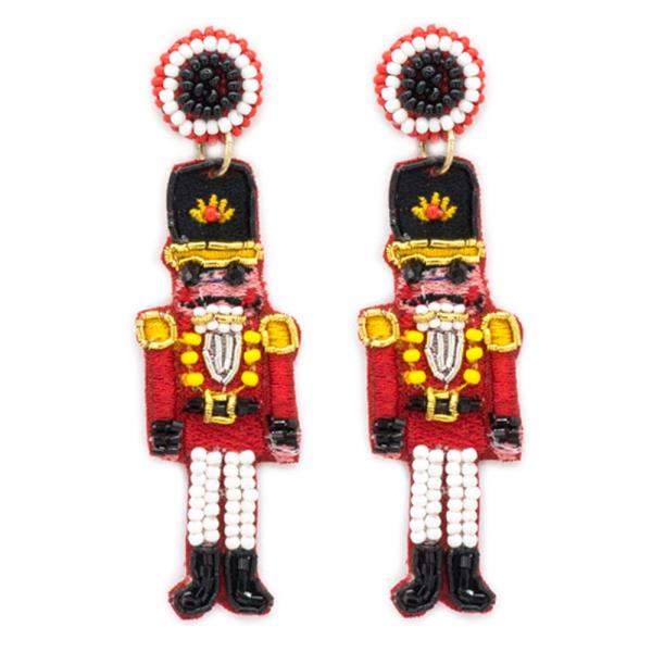 SEED BEAD CHRISTMAS NUTCRACKER SOLDIER DANGLE EARRING