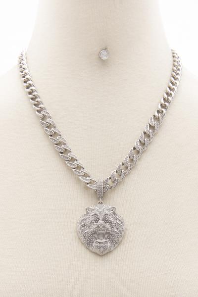 METAL RHINESTONE CHAIN LION PENDANT NECKLACE EARRING SET