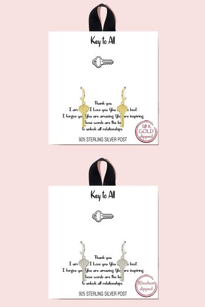 18K Gold Rhodium Dipped Key to All Earring