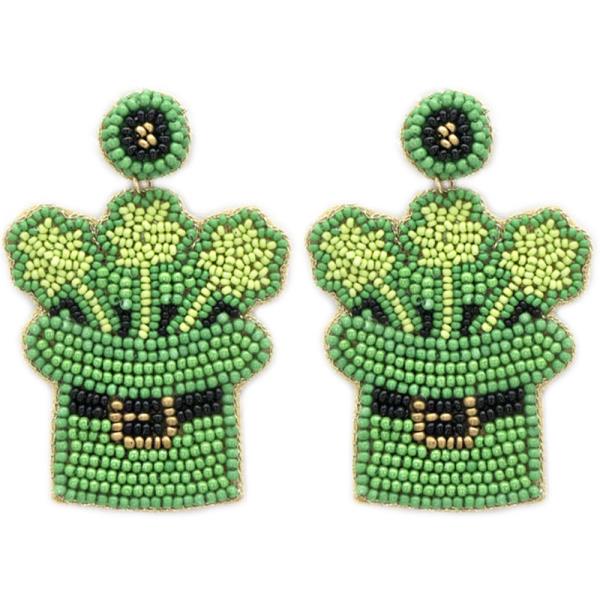 Green Lucky Hat Seed Bead Earring