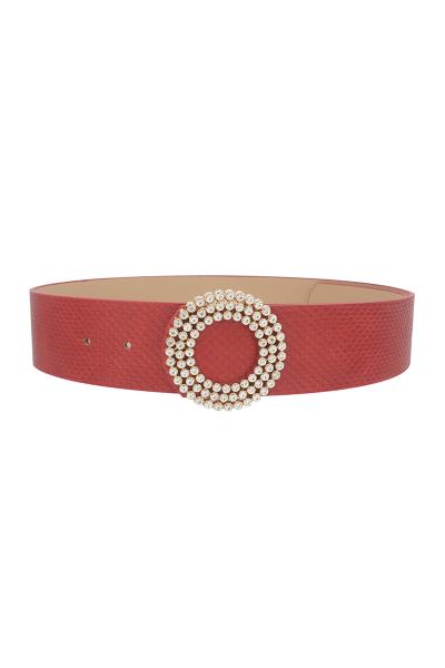 THREE LINER RHINESTONE CIRCLE BUCKLE SNAKE TEXTURED BELT
