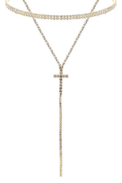 RHINESTONE CROSS Y 2 LINE 2 NECKLACE