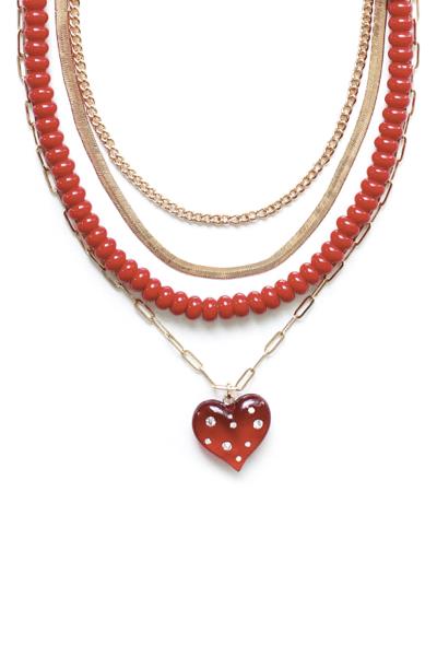 4 LAYERED METAL BEAD MIX HEART PENDANT NECKLACE