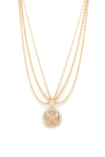 3 LAYERED METAL CHAIN BUTTERFLY PENDANT NECKLACE