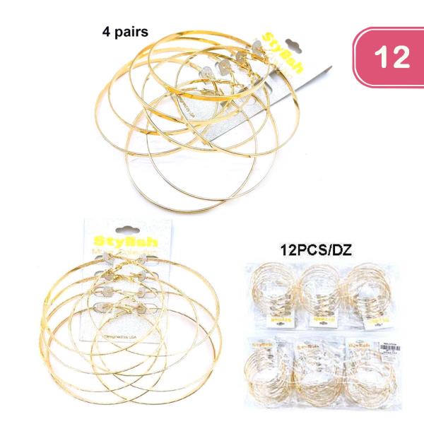 FASHION METAL DESIGN 4 PAIR HOOP EARRING SET (12 UNITS)