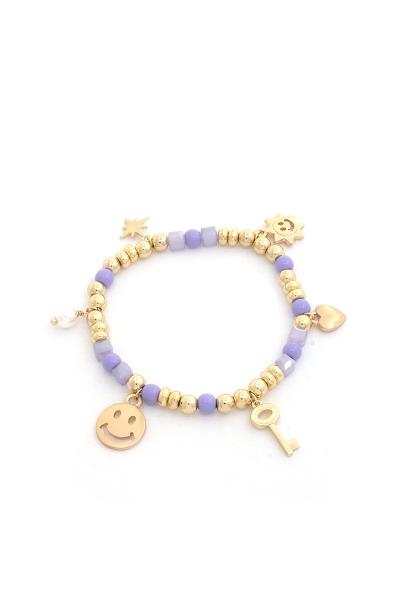 HAPPY FACE KEY CHARM BEADED BRACELET