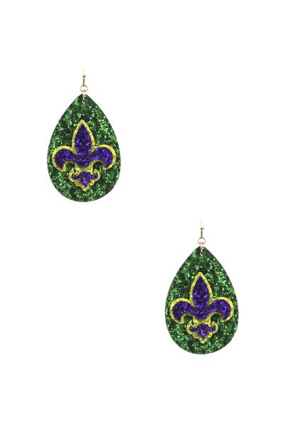 Mardi Gras Teardrop Fleur De Lis Dangle Earring