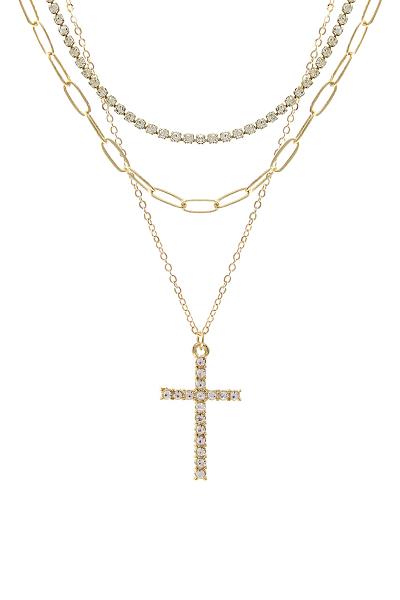 RHINESTONE CHAIN CROSS TRIPLE NECKLACE