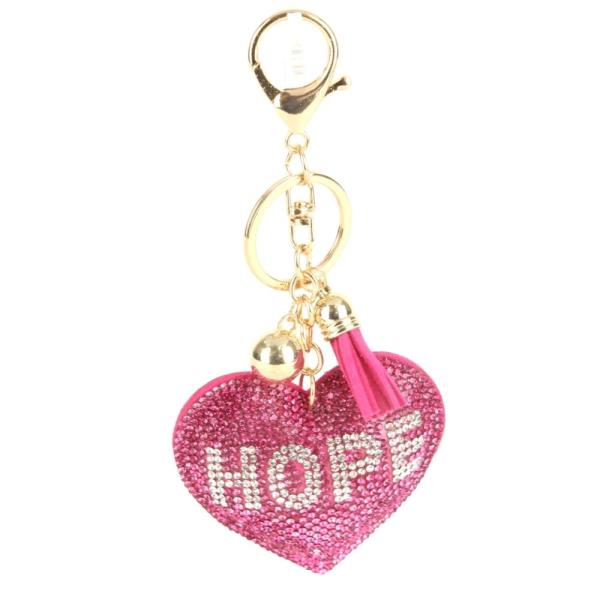 RHINESTONE HOPE HEART KEY CHAIN WITH TASSEL
