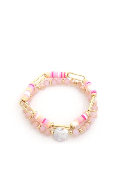 Rubber Disc Oval Link Pearl Bead Bracelet Set