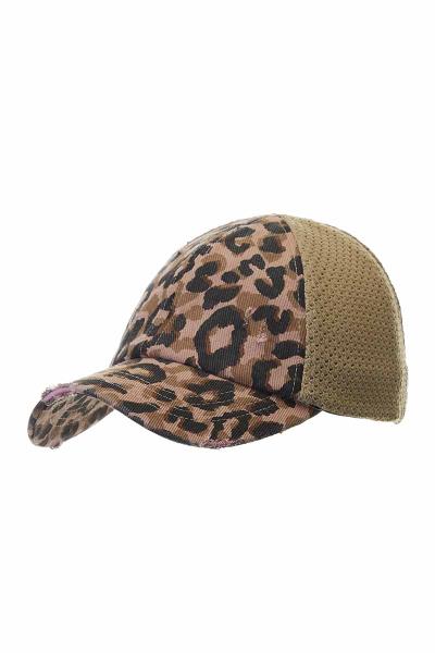 Leopard Distressed Denim Pony Cap with Stretch Mesh