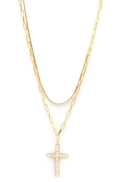 RHINESTONE CROSS PENDANT OVAL LINK LAYERED NECKLACE