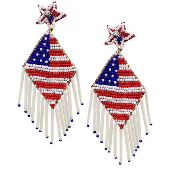 Seed Bead American Flag Dangle Earring