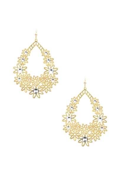 METAL RHINESTONE FLOWER DANGLE EARRING