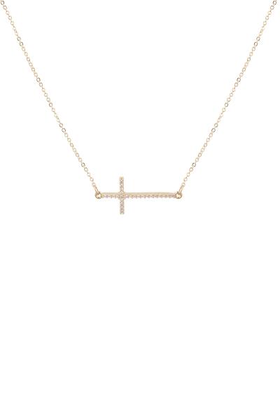 CUBIC ZIRCONIA SIDEWAYS CROSS NECKLACE