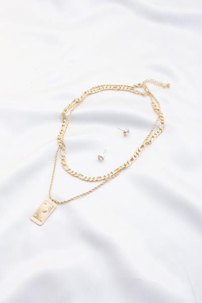SUN RECTANGLE PENDANT ROPE FIGARO LINK LAYERED NECKLACE