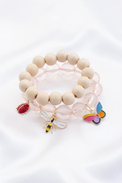 Butterfly Bee Charm Wood Bead Bracelet Set