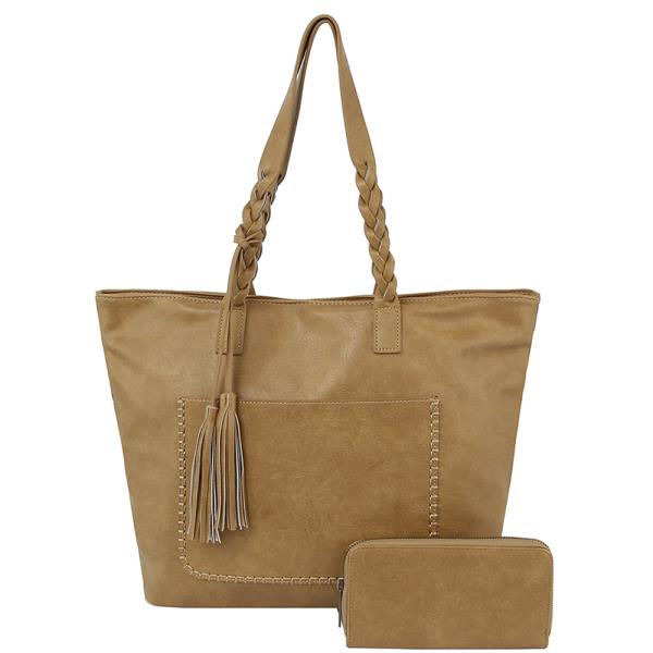 2IN1 Plain Tassel Tote Bag with Wallet Set