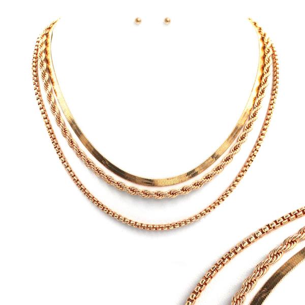 3 Layered Metal Chain Necklace Earring Set