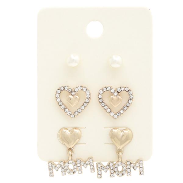 PEARL HEART MOM EARRING 3 PAIR SET