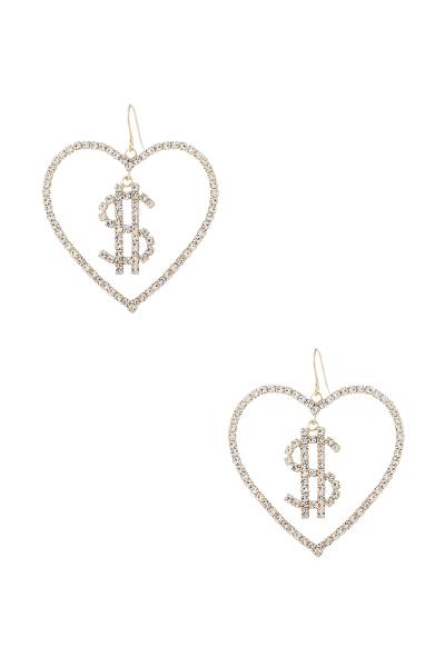 Rhinestone Dollar in Heart Earring