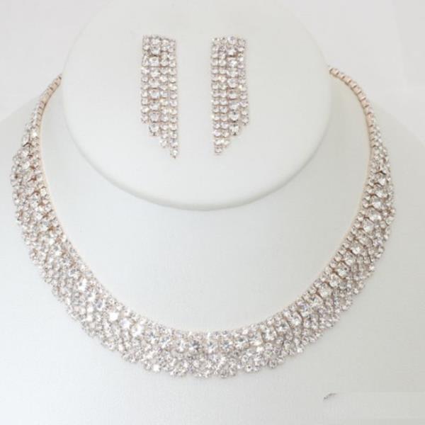 Rhinestone Wide Collar Necklace Earring Set