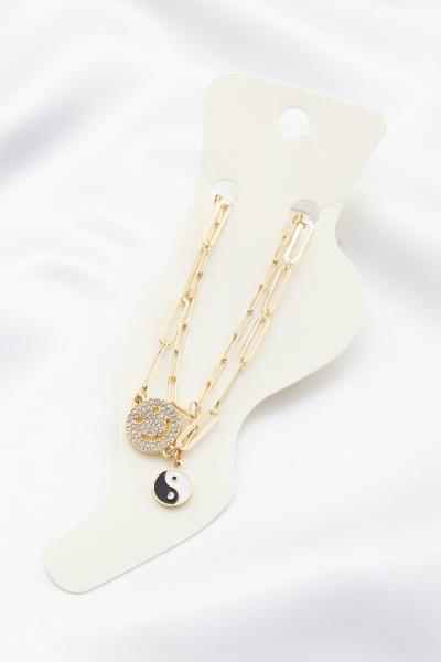 Happy Face Yin Yang Charm Oval Link Anklet