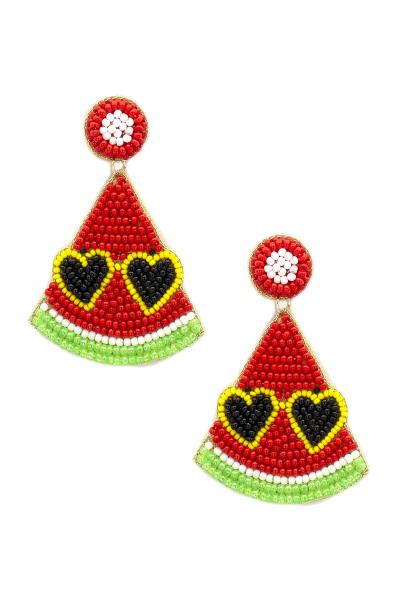 Seed Bead Heart Eye Watermelon Dangle Earring