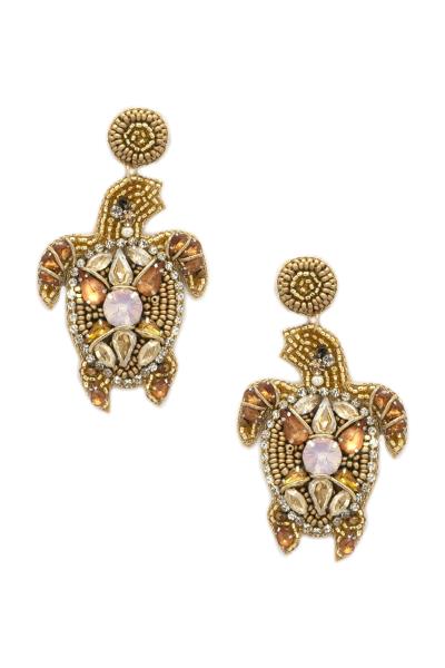 Seed Bead Rhinestone Turtle Dangle Earring