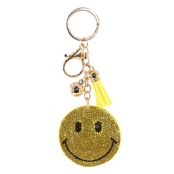 RHINESTONE HAPPY FACE KEYCHAIN WITH TASSEL