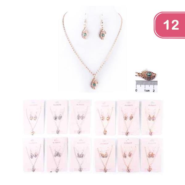 FASHION EVIL EYE PENDANT NECKLACE EARRING SET (12 UNITS)