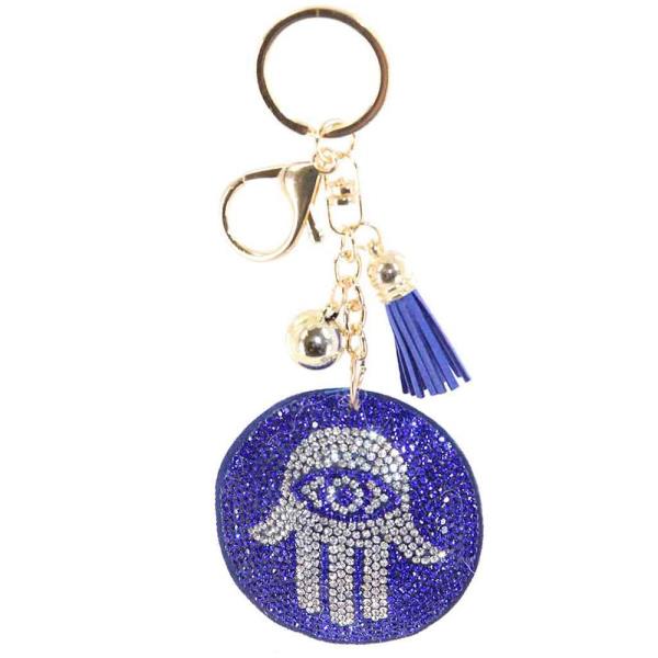 RHINESTONE HAMSA ROUND KEYCHAIN WITH TASSEL