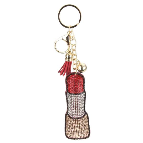 FASHION RHINESTONE LIPSTICK KEYCHAIN WITH TASSEL
