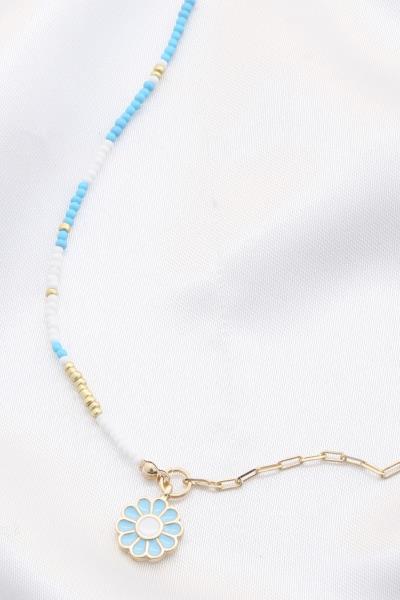 Flower Charm Beaded Oval Link Necklace