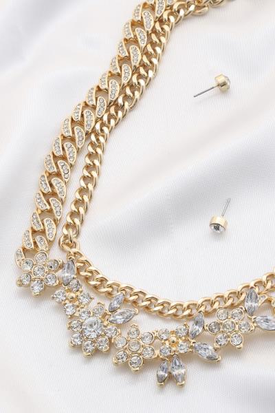 Flower Rhinestone Curb Link Layered Necklace
