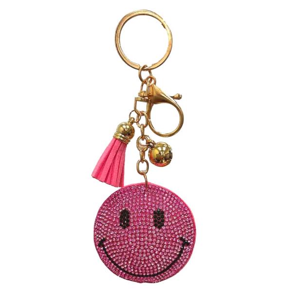 RHINESTONE HAPPY FACE KEYCHAIN WITH TASSEL