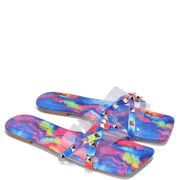 CLEAR SPIKE STUD STRAP QUILT MINI HEEL SLIPPER