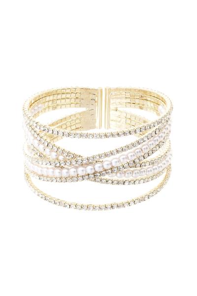 RHINESTONE CUBIC ZIRCONIA 8LINE CROSSOVER PEARL BRACELET