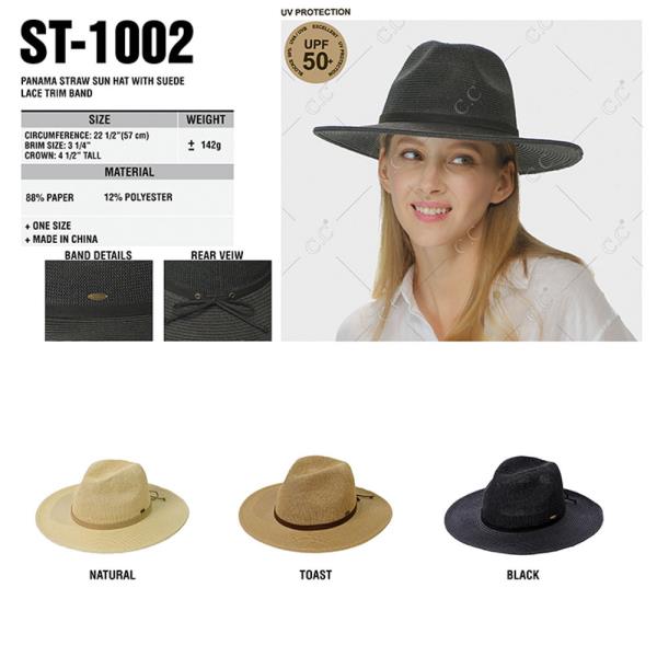 CC PANAMA STRAW SUN HAT WITH SUEDE LACE TRIM BAND HAT